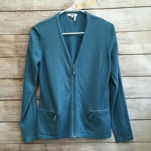 TYLER BOE CASHMERE BLEND ZIP FRONT SWEATER IN TEAL